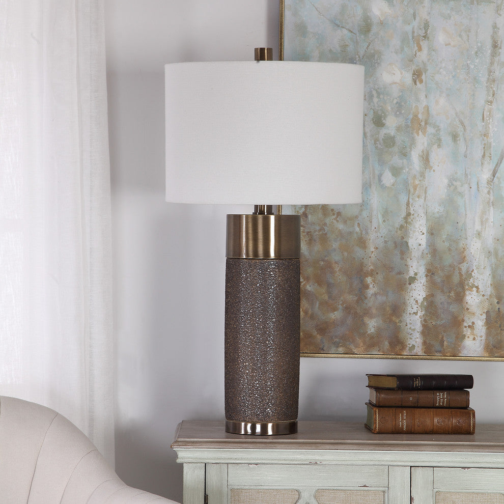 Textured Metallic Gold Bronze Cylinder Table Lamp | Ceramic Mid Century White
