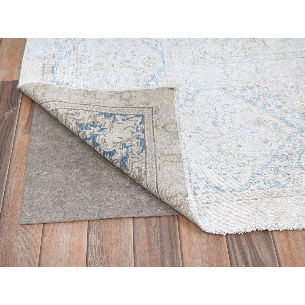 Spring White, Pure Wool, Hand Knotted, Vintage Persian Kerman Rug, 9'4"x12'3"