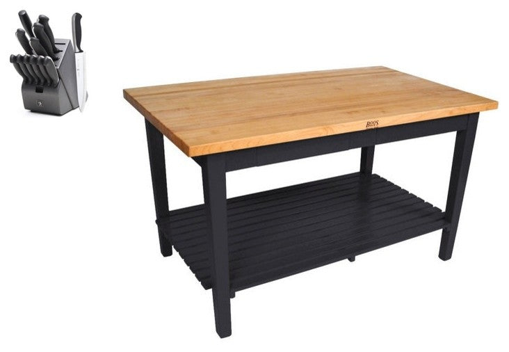 John Boos Maple Classic Country Table 48x25 and Henckels Knife Set, Black Caviar, One Shelf, No Drawer, No Casters