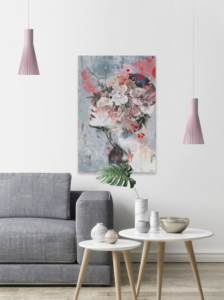 "Pink Flower Face" Painting Print on Wrapped Canvas, 16"x24"