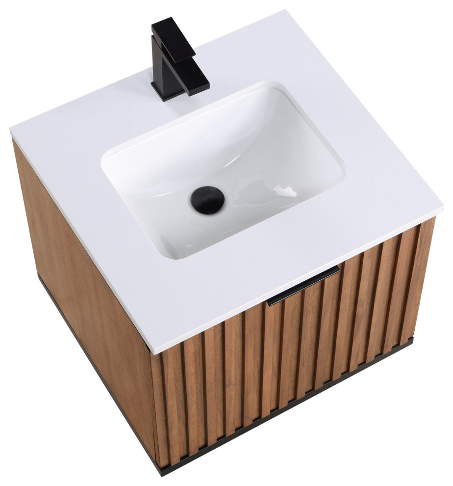 Terra Bathroom Vanity, Walnut/Matte Black With White Quartz, 24", White Quartz Top