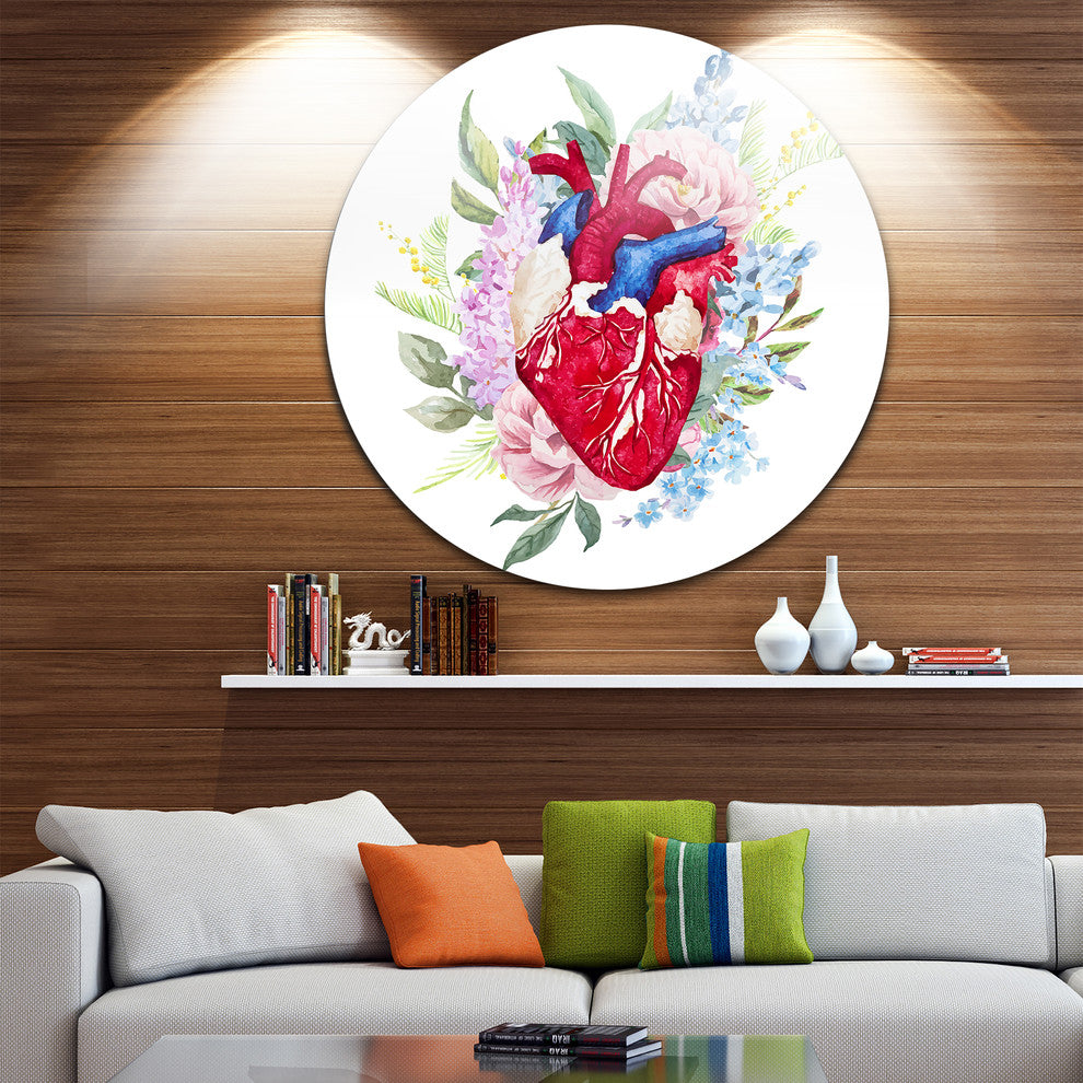 Watercolor Heart With Flowers, Digital Large Disc Metal Wall Art, 36"