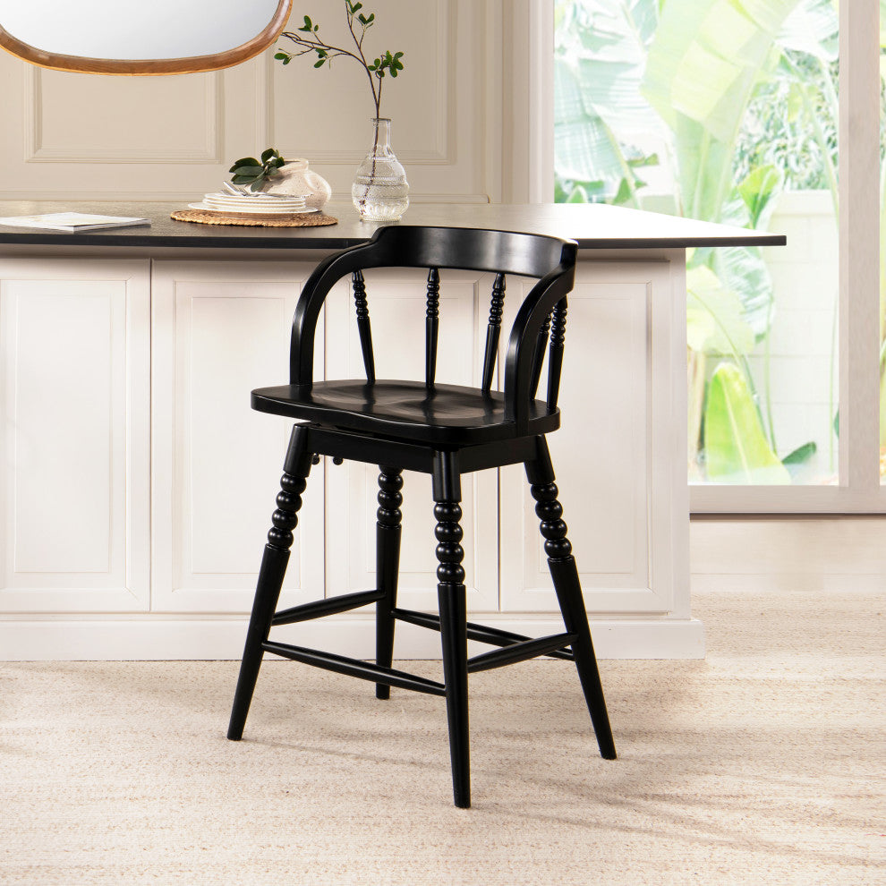 Breda 25.5" Turned Bubble Spindle Low-Back Wood Swivel Counter Stool, Black