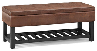 Cosmopolitan Storage Ottoman Bench With Open Bottom, Distressed Saddle Brown Faux Leather