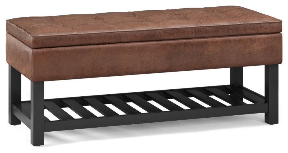 Cosmopolitan Storage Ottoman Bench With Open Bottom, Distressed Saddle Brown Faux Leather