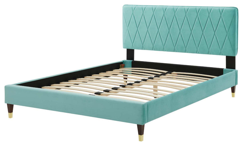 Platform Bed Frame, Queen Size, Velvet, Blue, Modern Contemporary, Bedroom