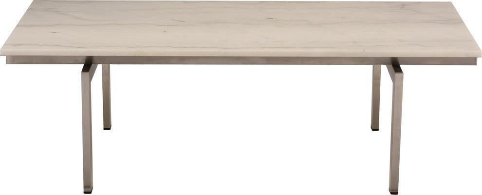 Louve Square Coffee Table, White Marble Square Table, Brushed Stainless Steel