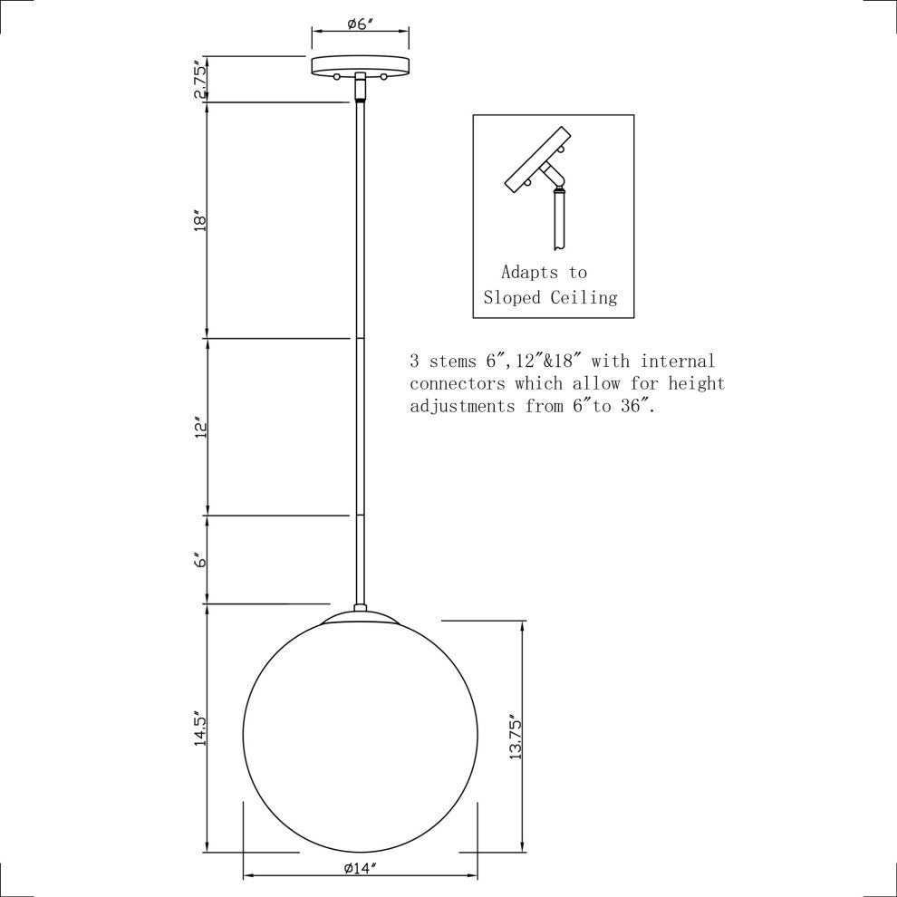 1-LT 14" Globe Glass Pendant, Brushed Nickel