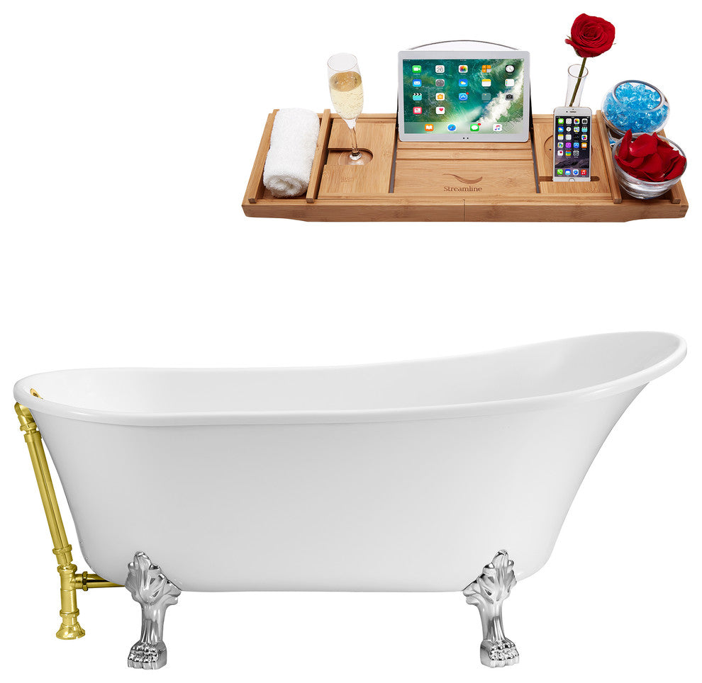 59" Soaking Clawfoot Tub With External Drain, Chrome/Gold