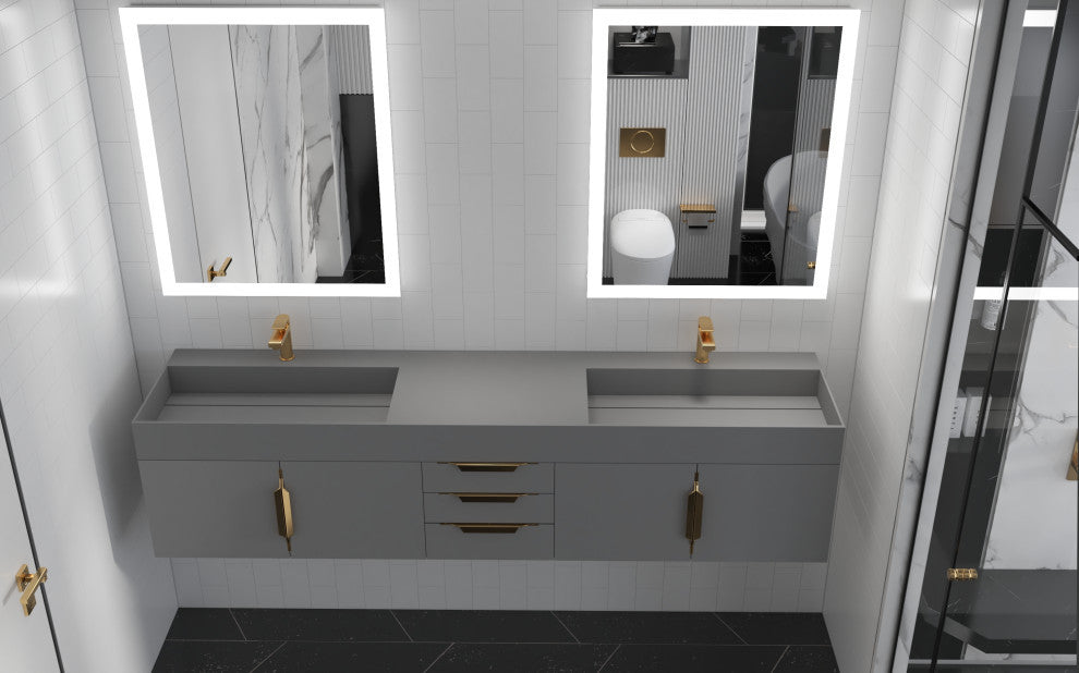 CastelloUSA Amazon 84" Wall Mounted Vanity Set, Gray, Gray Top, Gold Handles