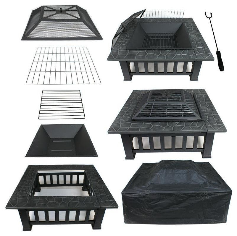 32" Gray Square Charcoal or Wood Burning Fire Pit With Cover