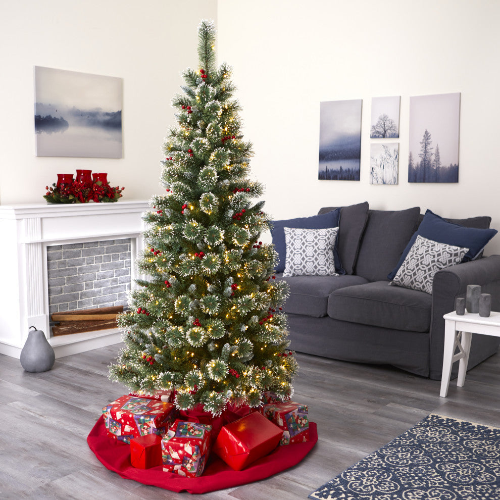 6' Frosted Swiss Pine Faux Christmas Tree With 300 Clear LED Lights and Berries