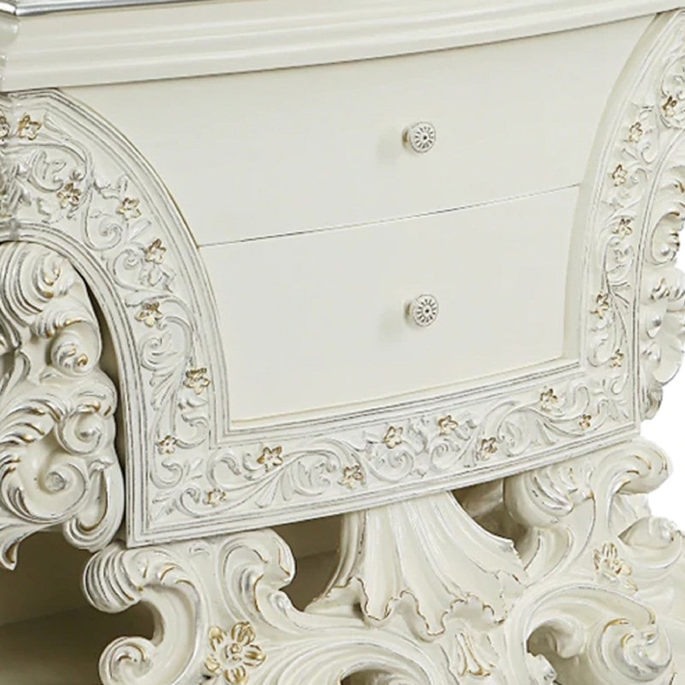Benzara BM275674 40" Classic Ornate Carved Nightstand With 2 Drawer, Wood, White