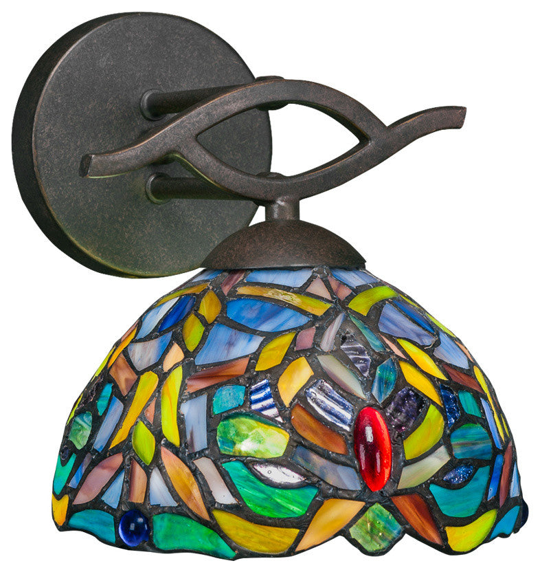 Revo Wall Sconce In Dark Granite, 7" Kaleidoscope Tiffany Glass