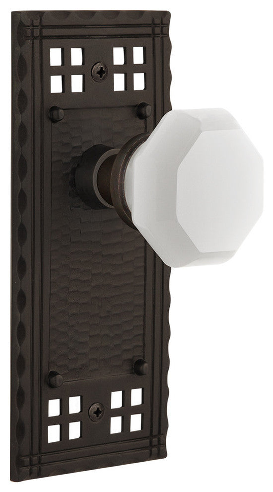 Craftsman Plate Privacy Waldorf White Milk Glass Knob, Oil-Rubbed Bronze