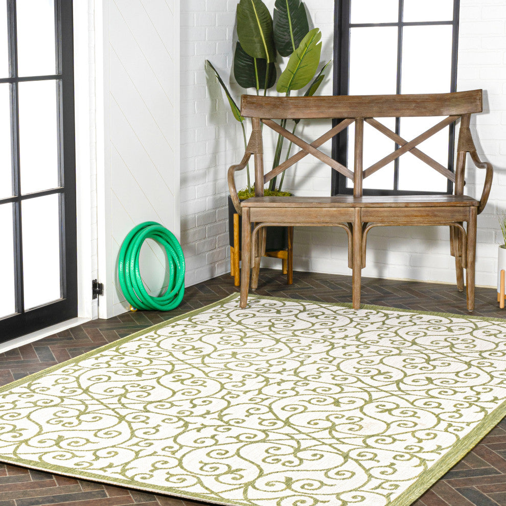 Madrid Vintage Filigree Textured Weave Indoor/Outdoor, Green/Cream, 9 X 12