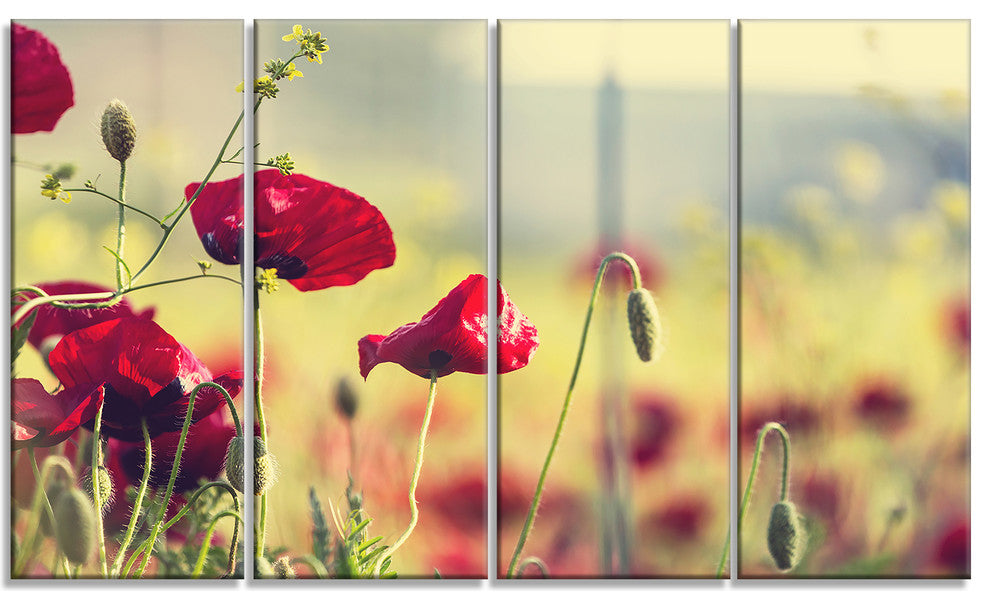 Poppy Flowers on Green Background, Floral Canvas Art Print, 48"x28", 4 Panels