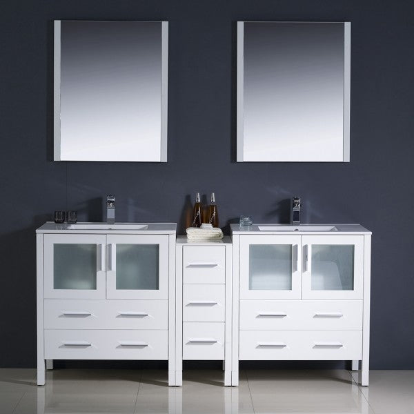 Torino 72" White Double Sink Bathroom Vanity, Side Cabinet, Integrated Sinks