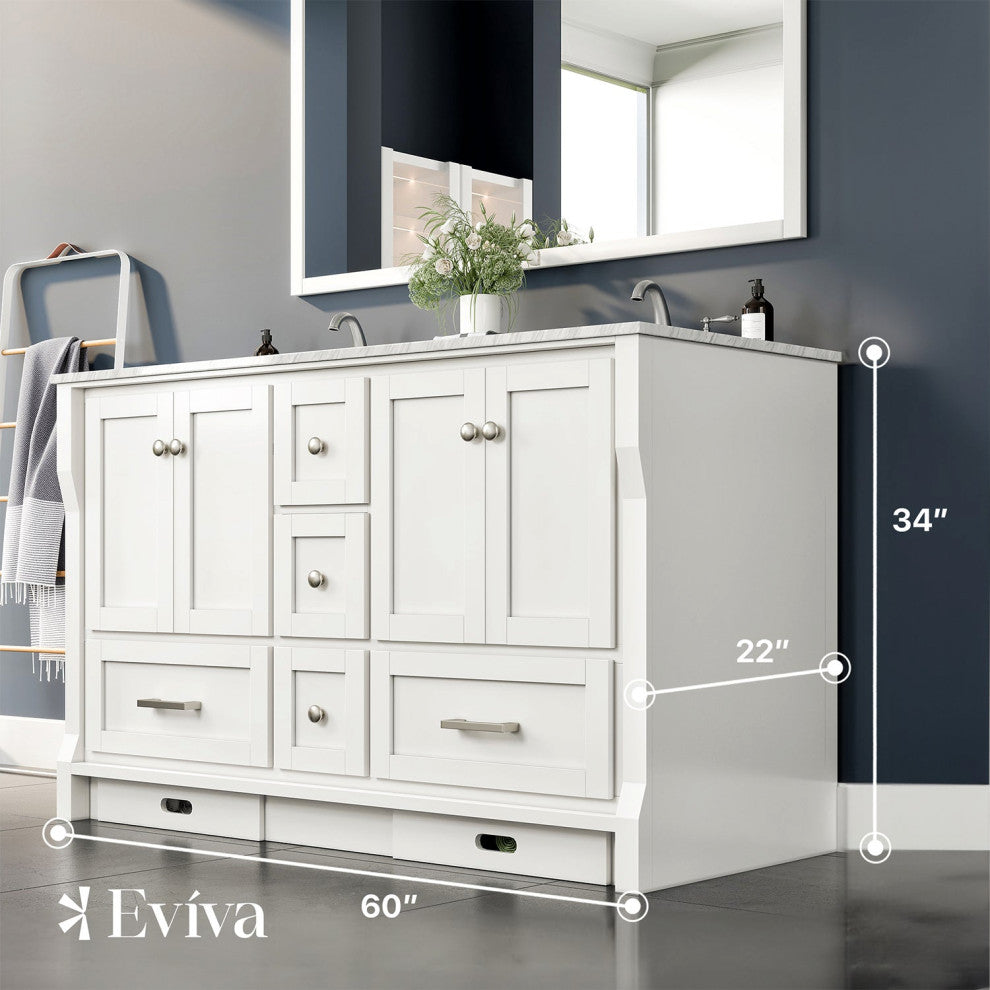Eviva Booster 60 in. Double Sink Vanity in White White Carrara Marble Countertop