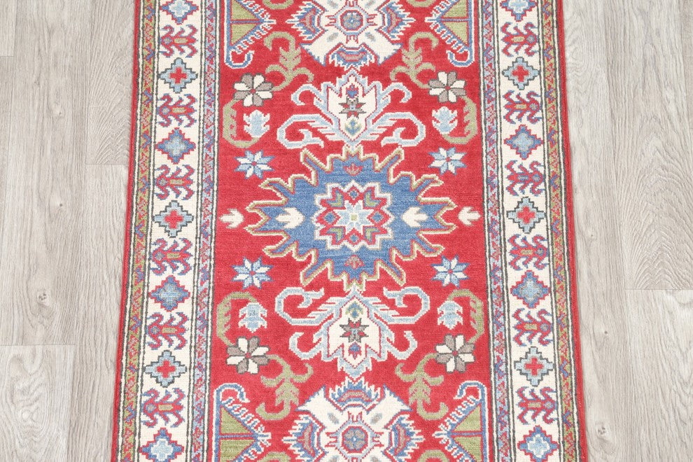 Pakistani Traditional Hand Made Wool Kazak Oriental Runner Rug, Red, 9'7"X2'9"