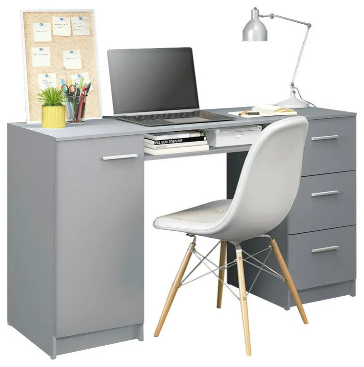 Modern Desk, Rectangular Table Top With Storage Drawers & Metal Handles, Gray
