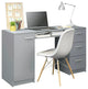 Modern Desk, Rectangular Table Top With Storage Drawers & Metal Handles, Gray