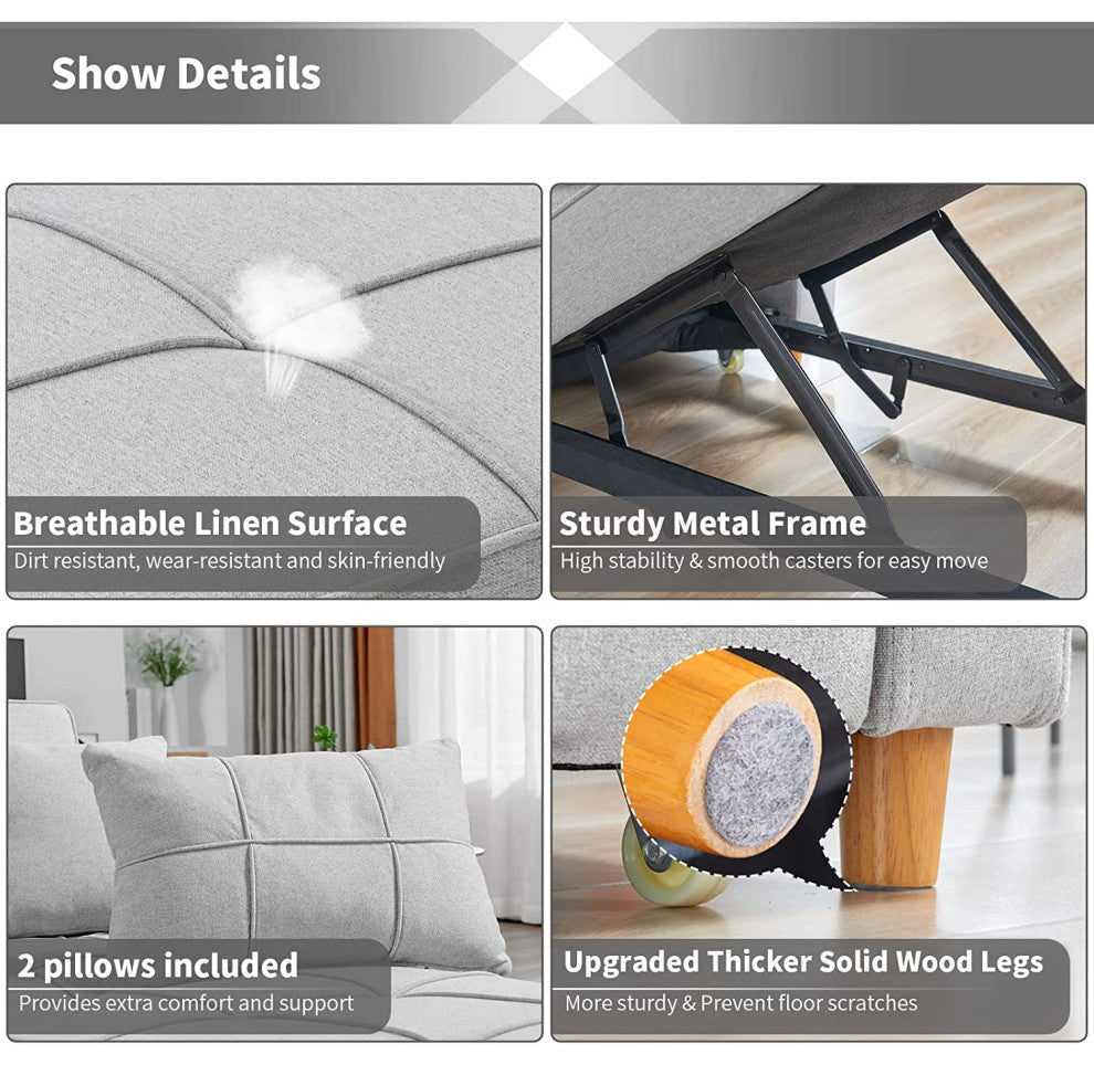 Homrest Sleeper Sofa Bed 3-in-1 Convertible Chair, Light Gray