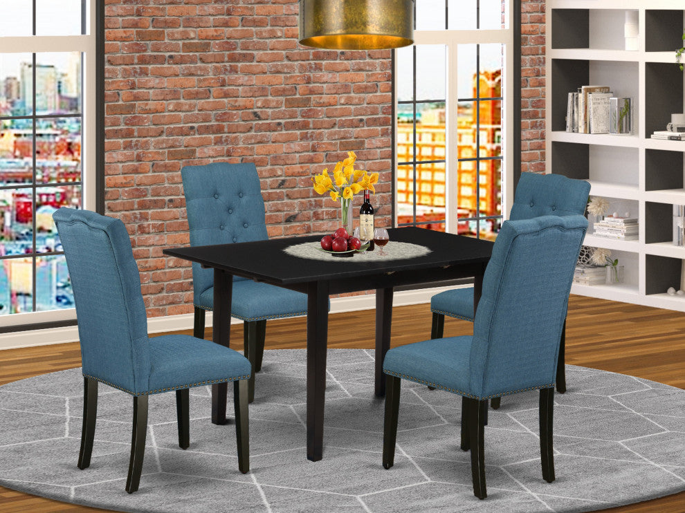 5Pc Dining Set, Nail Head Kitchen Chairs, Butterfly Leaf Table, Black