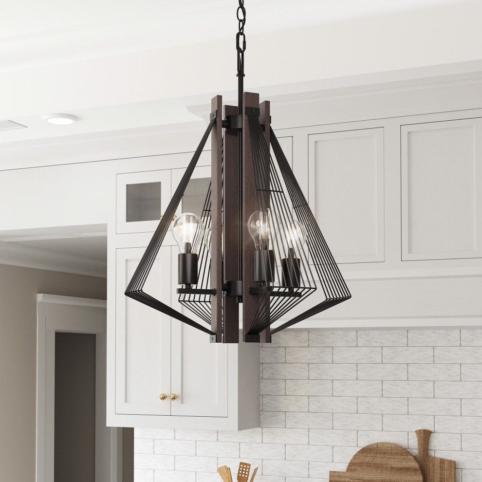 4 Light Black Wood Pendant