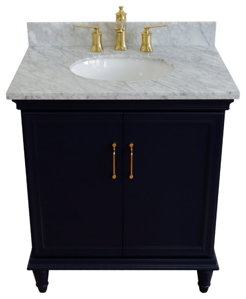 31" Single Vanity, Blue Finish With White Carrara And Oval Sink
