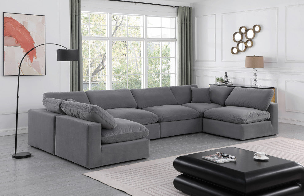 Comfy Upholstered U-Shaped Modular Sectional, Grey, 6-Piece: 4 Armless Chair, 2 Corner Chair, Velvet
