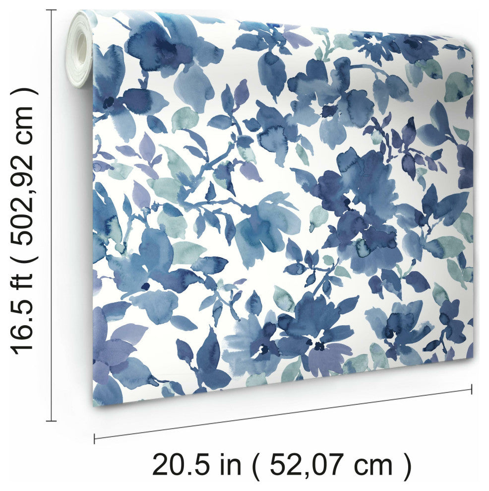 Watercolor Floral Peel and Stick Wallpaper, Blue and White