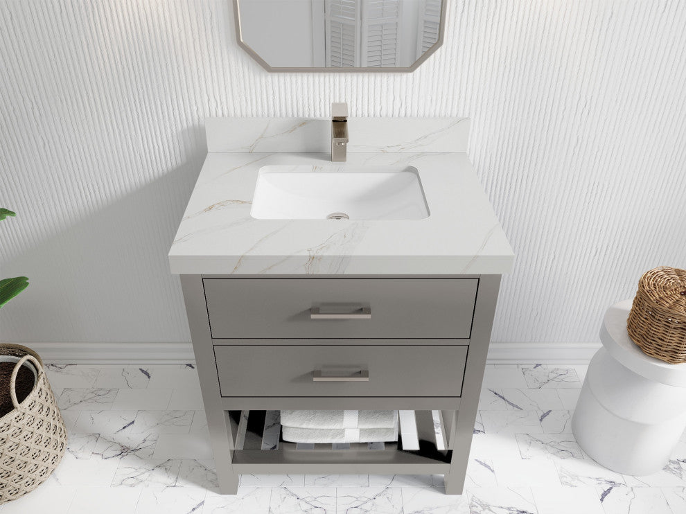 Parker 30" Single Sink Bath Vanity, Elephant Skin Gray 2" Calacatta Sienna
