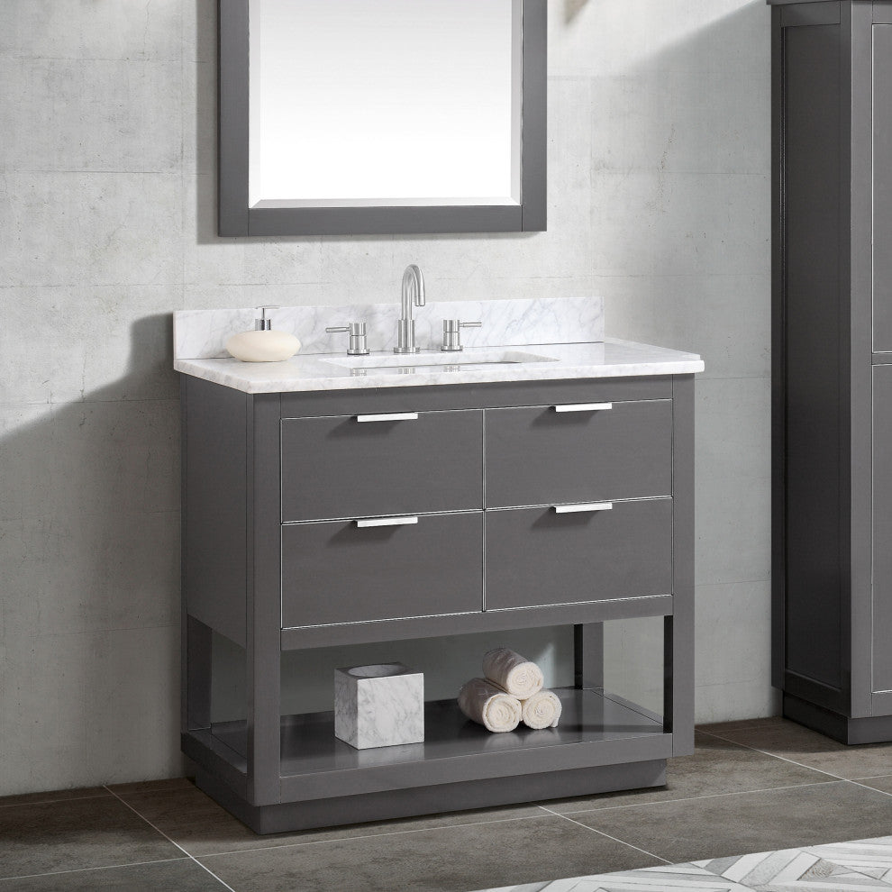 Avanity Allie 37 In. Vanity, Twilight Gray/ Silver, Natural 1" Carrara White Marble Countertop and Backsplash