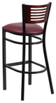 Black Slat Back Metal Barstool, Mahogany Wood Back, Burgundy Vinyl Seat