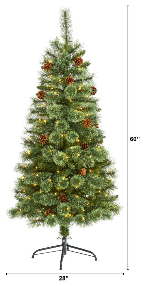 5' White Mountain Pine Faux Xmas Tree With 200 Clear LED Lights and Pine Cones