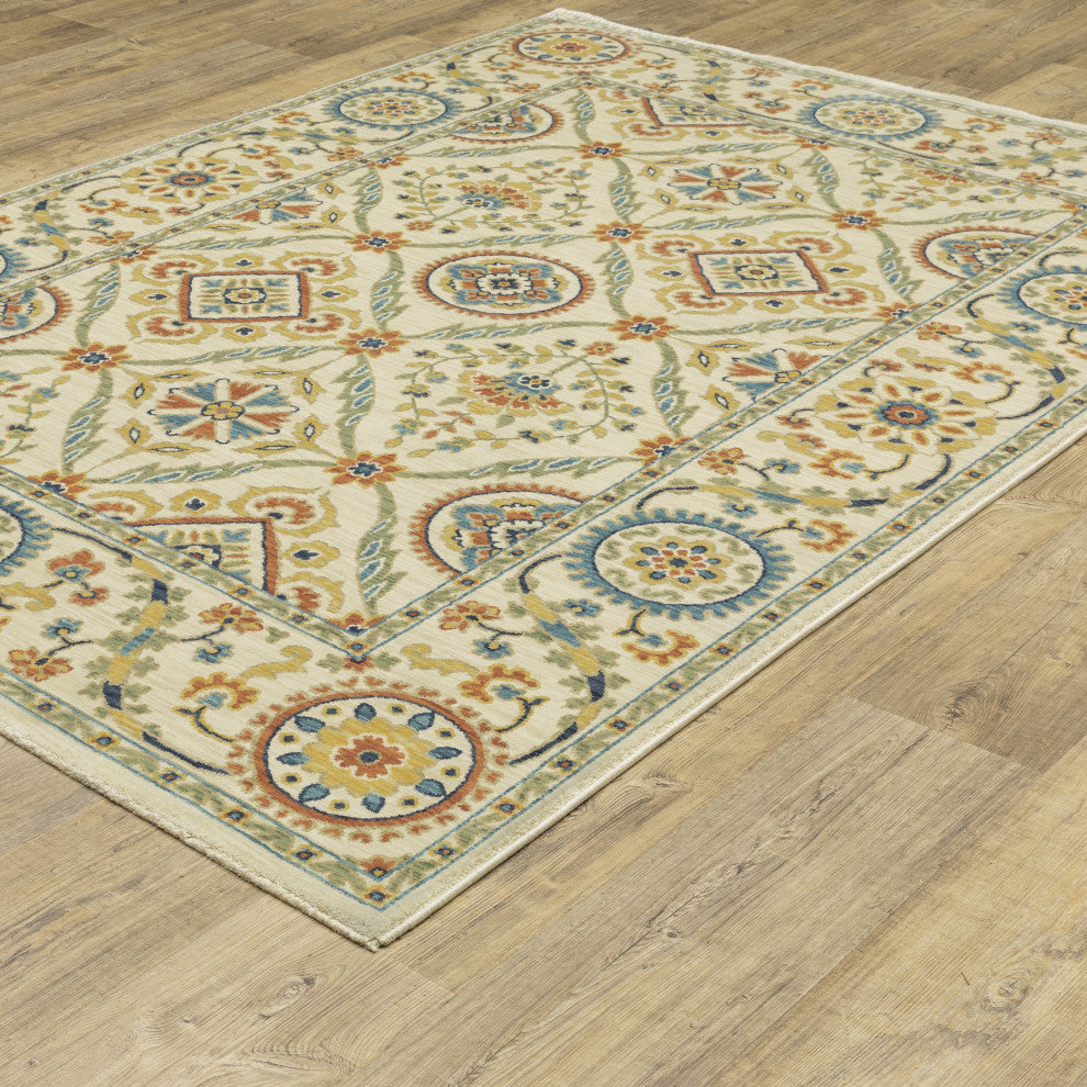 Fabienne Spiral Floral Indoor Ivory/Multi Area Rug, Ivory, 5'3"x7'6"