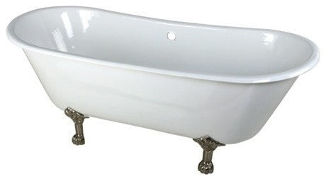 67" Double Slipper Clawfoot Tub No Faucet Drillings, White/Brushed Nickel