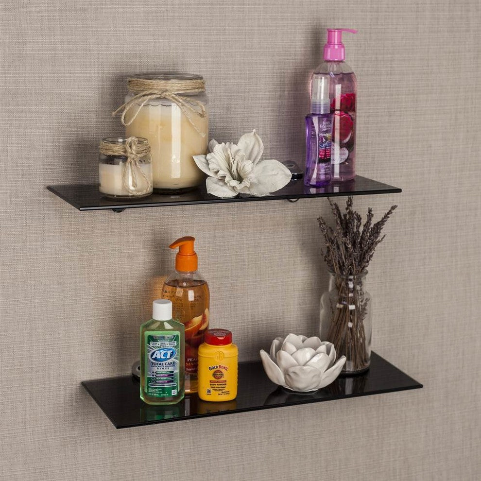 16"x6" Glass Floating Shelves With Chrome Brackets, Set of 2 , Black