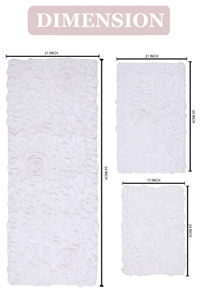 Bell Flower Collection Tufted Bath Rug, 3-Piece Set With Runner, White