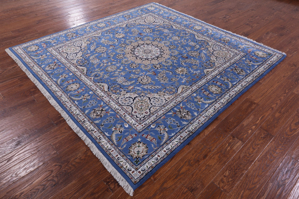 8' Square Persian Nain Handmade Wool & Silk Rug - Q13142
