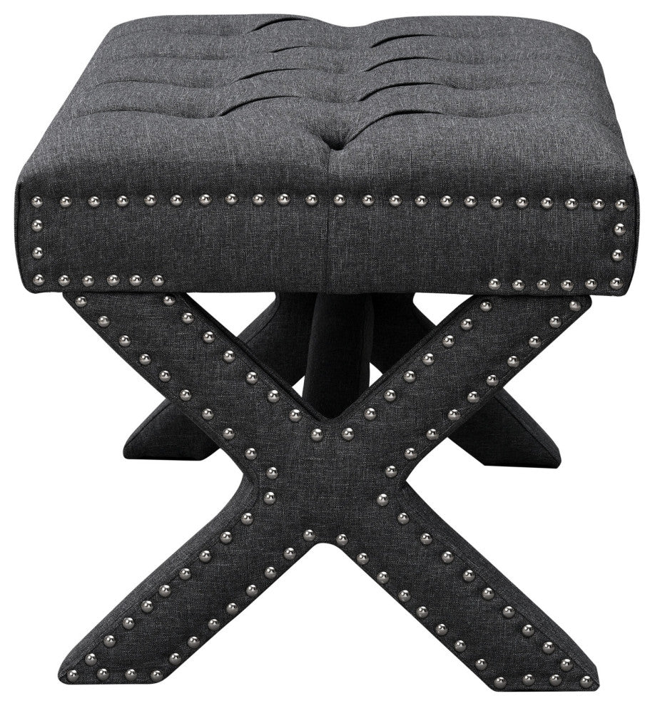 Paola Linen Button Tufted Silver Nailhead Trim X-Leg Ottoman, Dark Gray