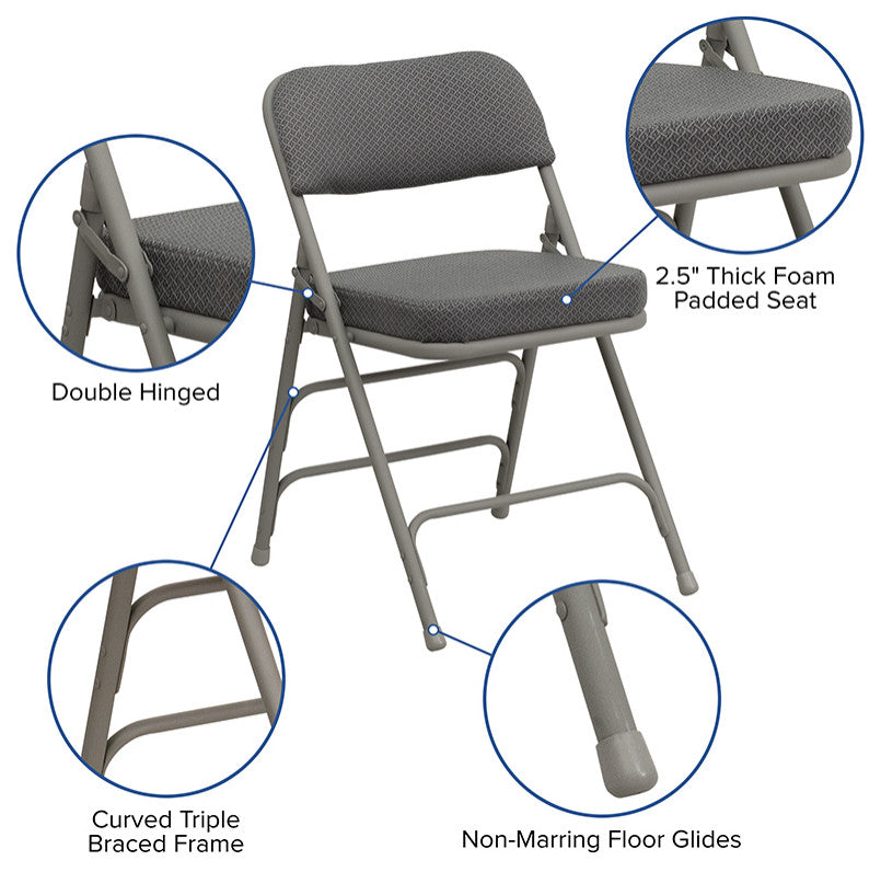 2 Pack HERCULES Premium Triple Braced & Double Hinged Upholstered Folding Chair, Gray Fabric/Gray Frame