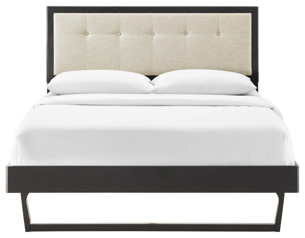 Platform Bed Frame, Queen Size, Fabric, Wood, Black Beige, Modern Mid-Century