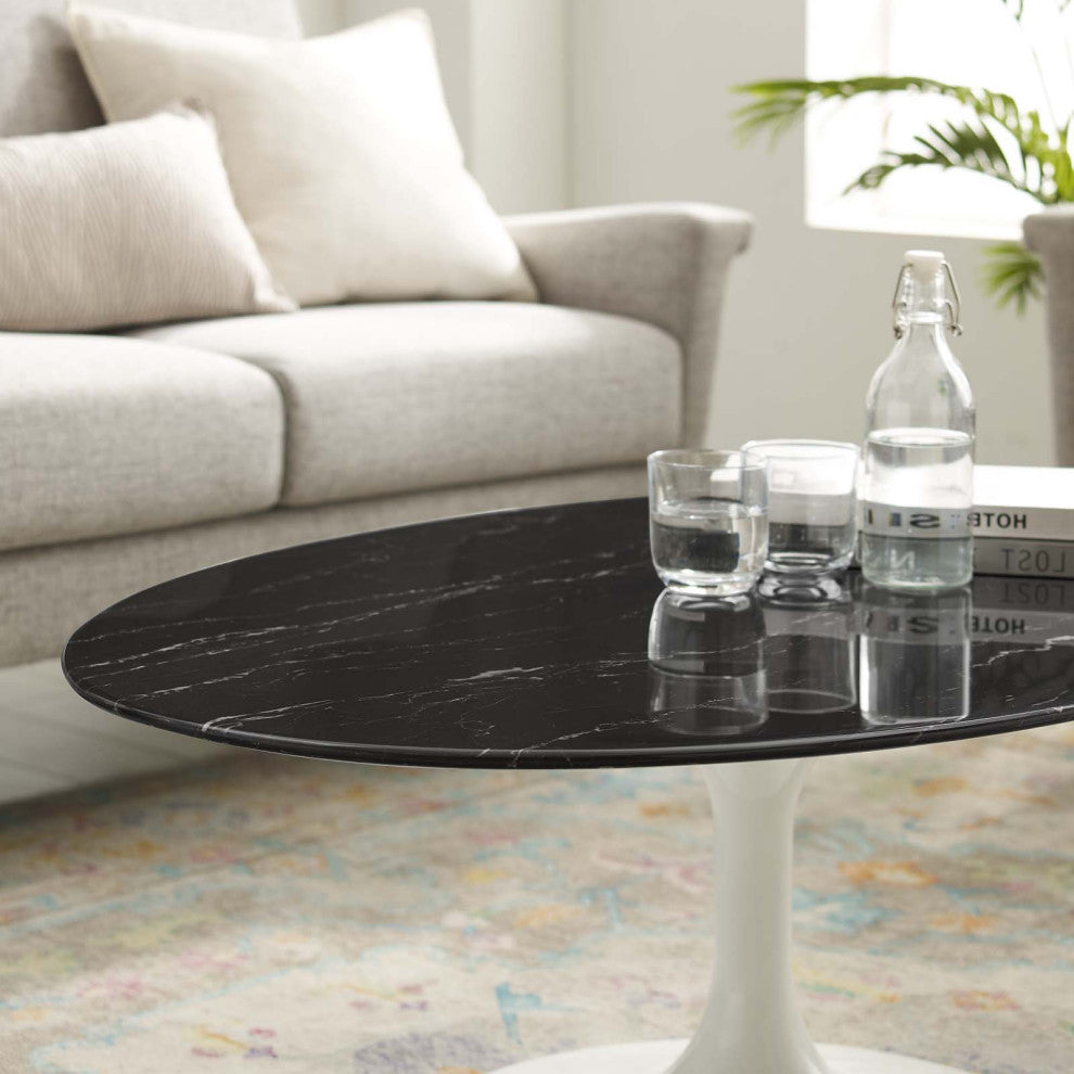 Coffee Table, Oval, Black White, Artificial Marble, Metal, Modern, Hospitality