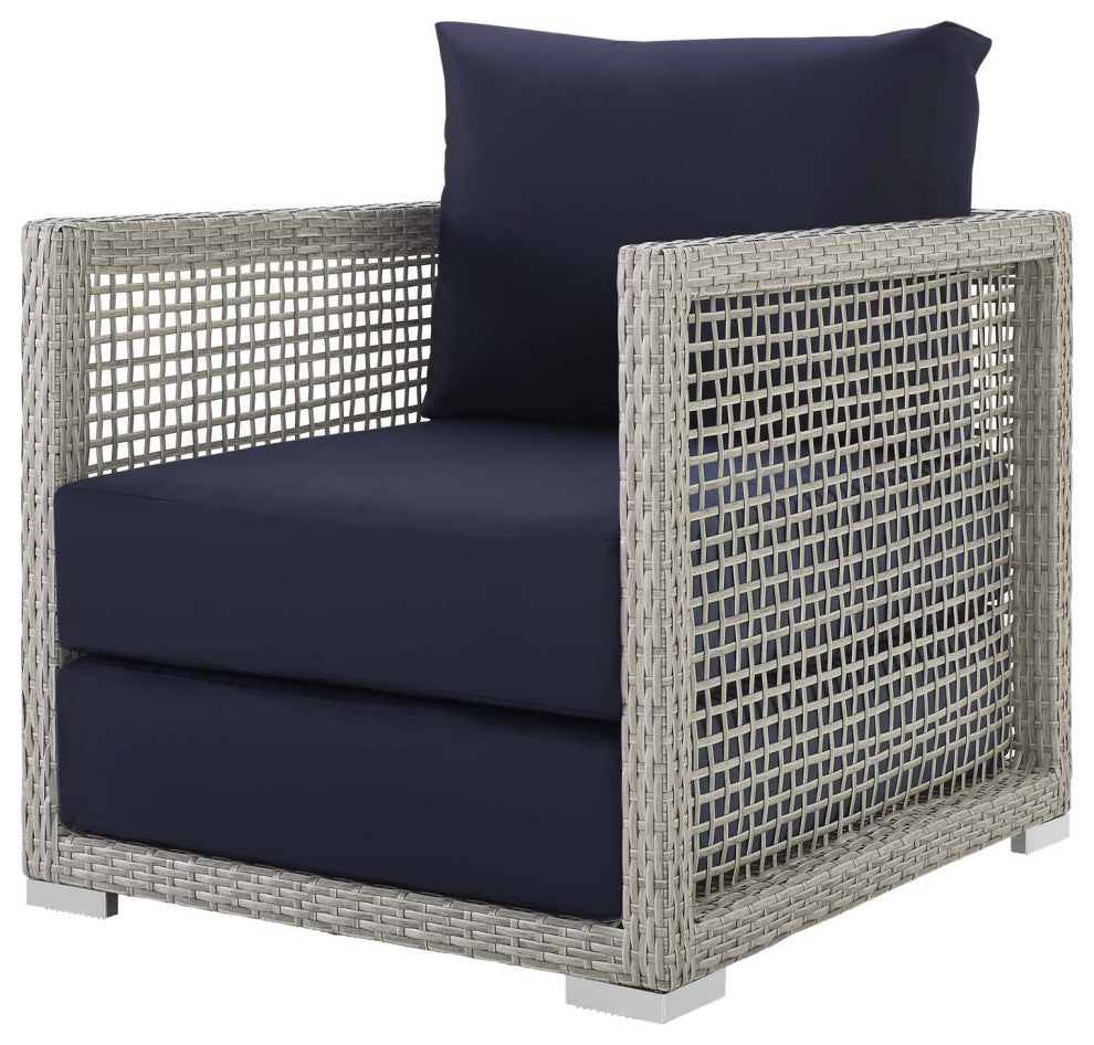 Modern Outdoor Sofa, Chair and Coffee Table Set, Rattan Fabric, Gray Navy Blue