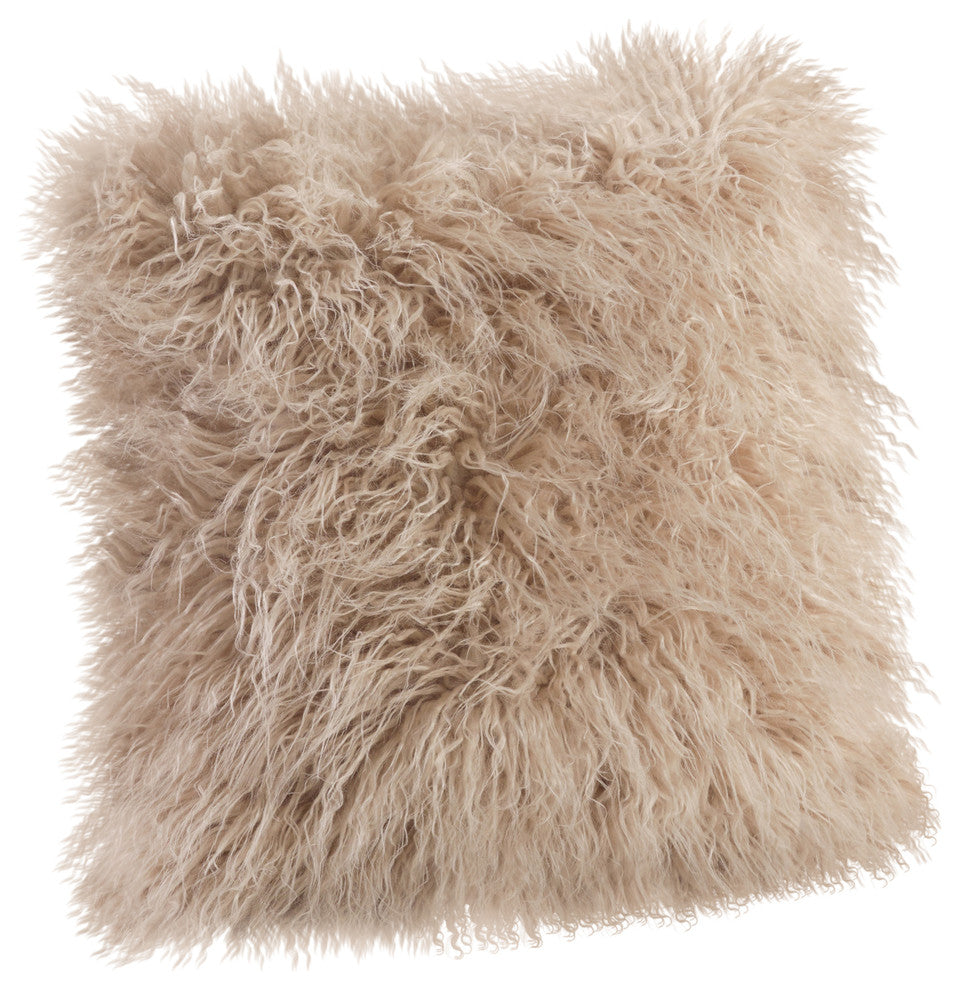 Mongolian Faux Fur Poly Filled Throw Pillow, Oatmeal, 18"x18"