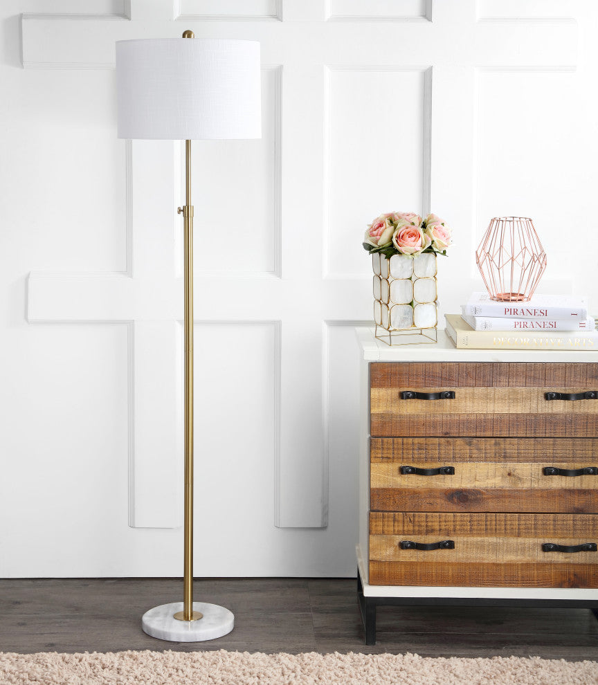 June Adjustable Metal/Marble LED Floor Lamp, Brass Gold/White