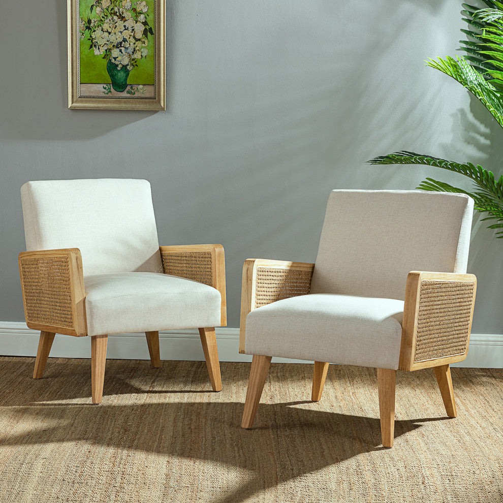Cane Accent Chair With Rattan Arms Set of 2, Linen