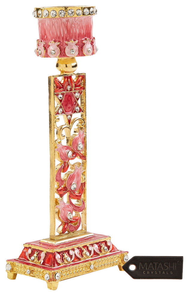 Matashi Shabbat Candlestick Holder (2-Piece Set) Hand-Painted,  Pewter(Red)